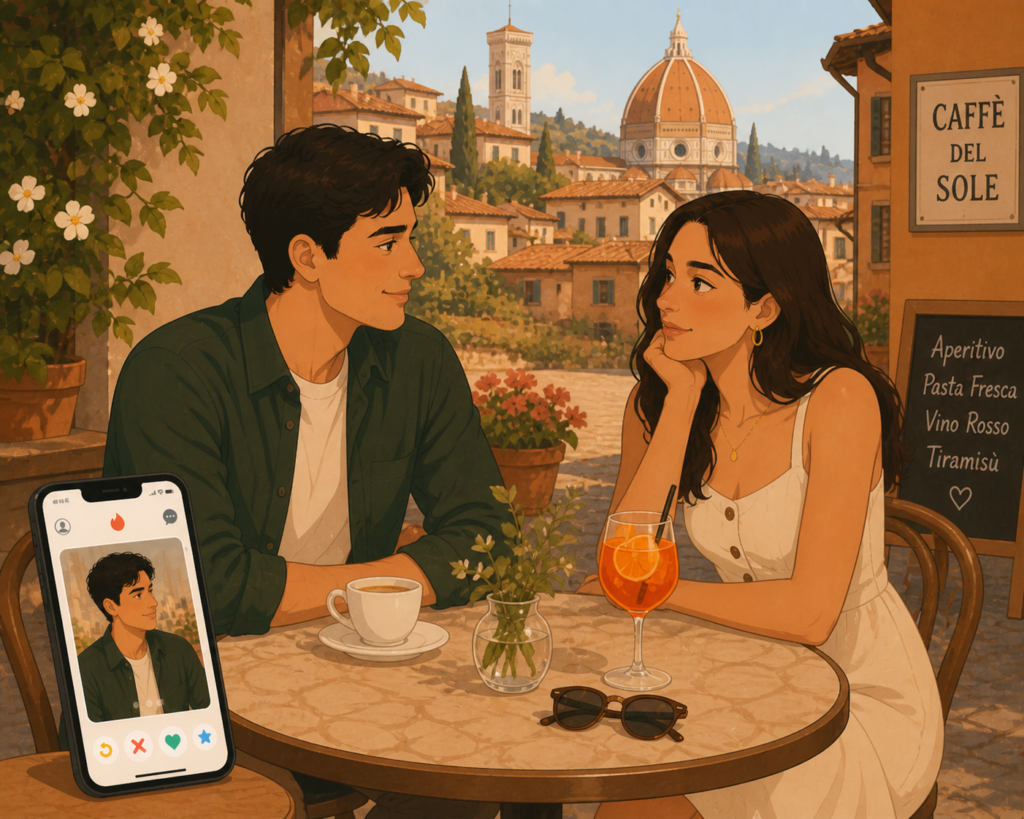 Best dating apps for expats in Italy — illustration of a couple meeting at an outdoor café in an Italian city
