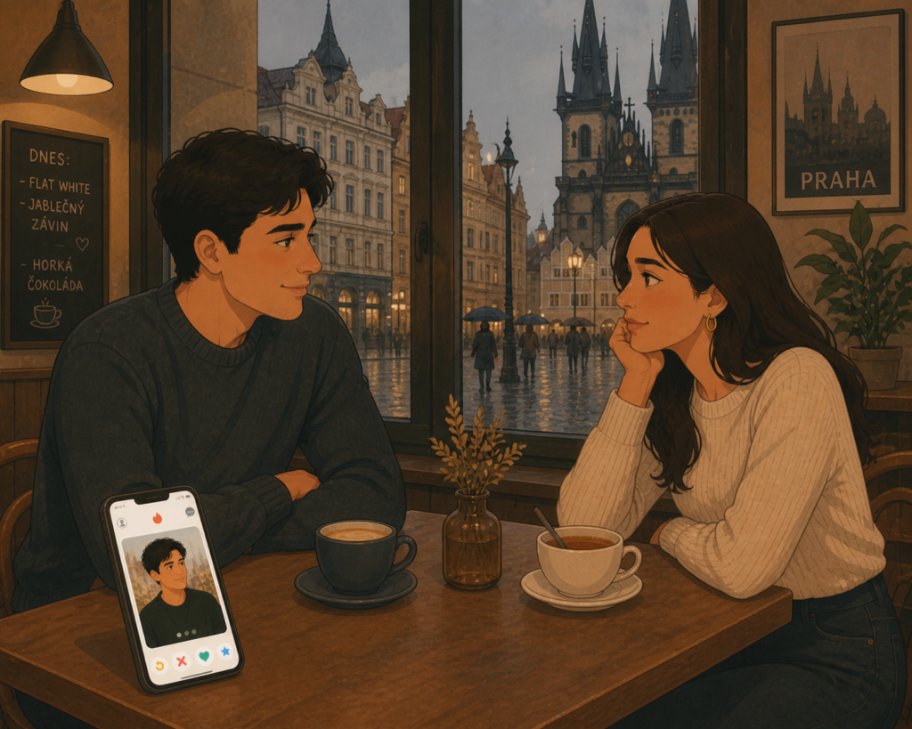 Best dating apps for expats in Poland — illustration of a couple meeting in a Polish city café