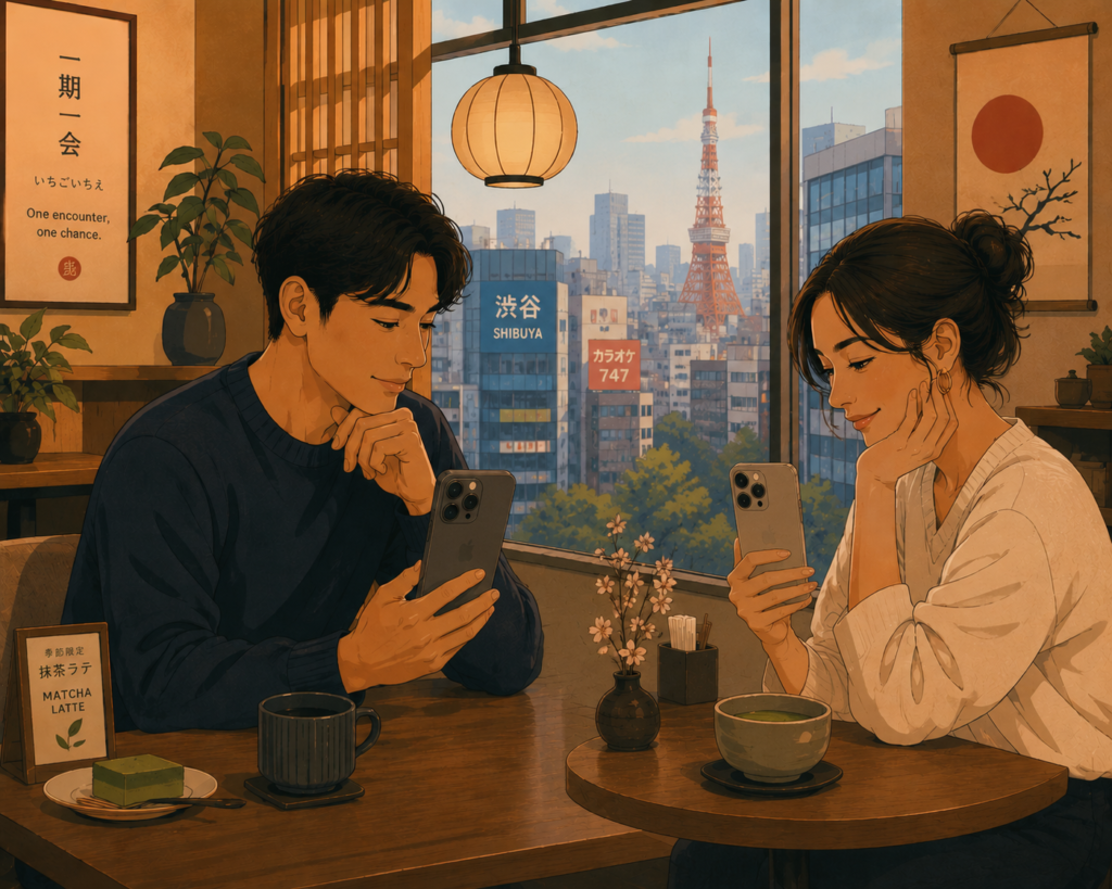 Best dating apps in Japan — illustration of singles in Tokyo using dating apps on their smartphones