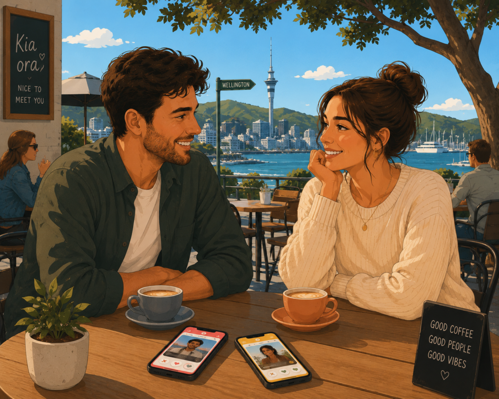 Best dating apps in New Zealand — illustration of singles in Auckland using dating apps with New Zealand scenery in background