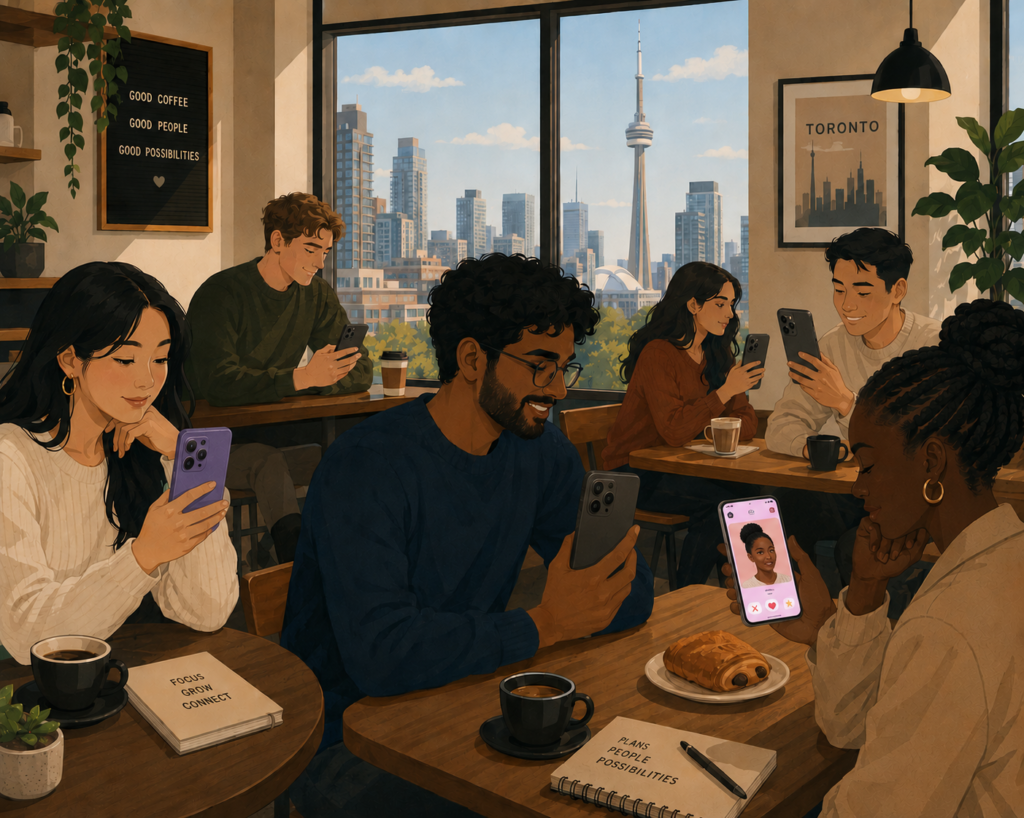 Best dating apps in Toronto — illustration of singles using dating apps in a Toronto neighbourhood café