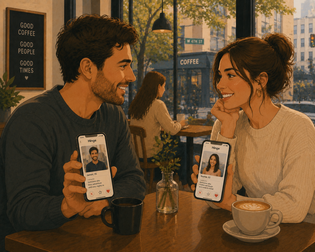Best dating sites for serious relationships in the USA — illustration of a couple meeting through a dating app in an American city