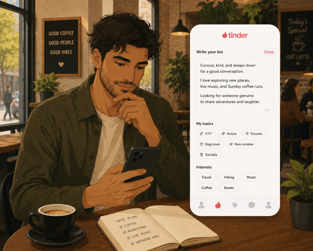 Best Tinder bios for guys — illustration of a man writing his dating profile bio on a smartphone