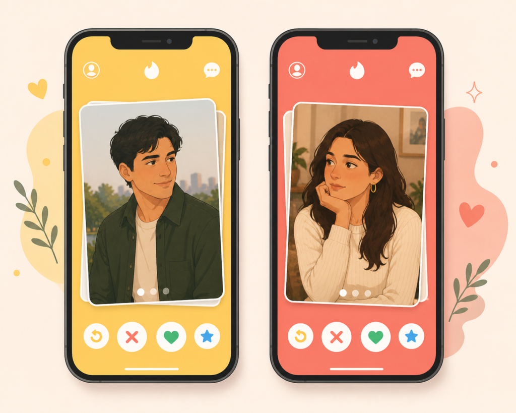 Bumble vs Hinge comparison — illustration of two dating app interfaces side by side