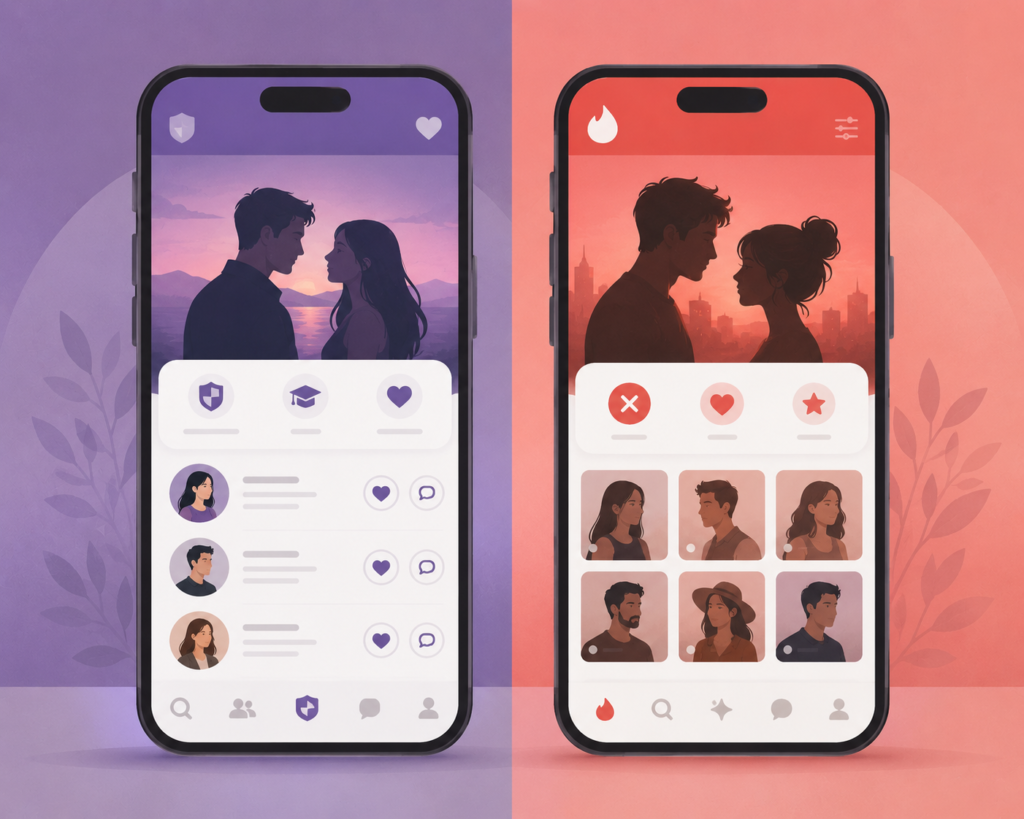 eHarmony vs Match.com comparison — illustration of two dating platforms side by side for serious relationships