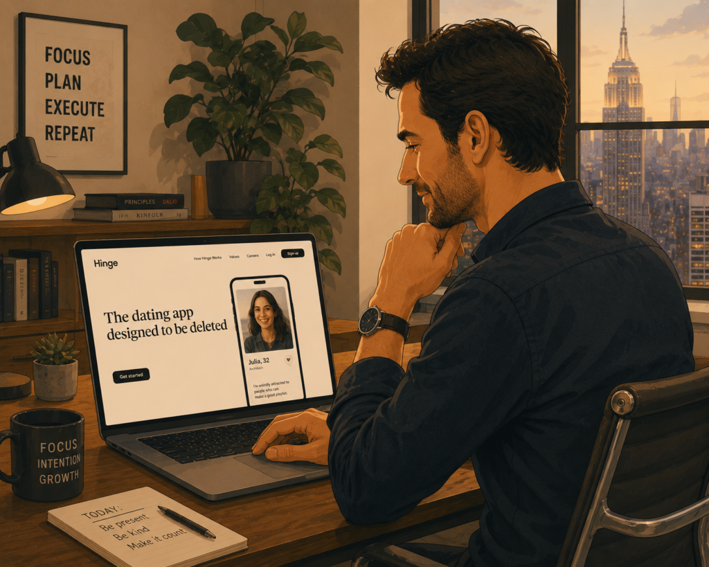 EliteSingles review 2026 — illustration of a professional using the EliteSingles dating platform on a laptop