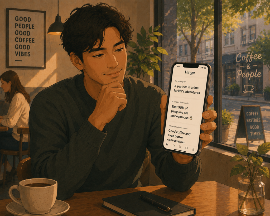Hinge review 2026 — illustration of a person using the Hinge dating app on their smartphone