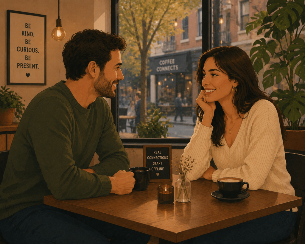 How to be more confident on dates — illustration of a person sitting relaxed and engaged on a first date