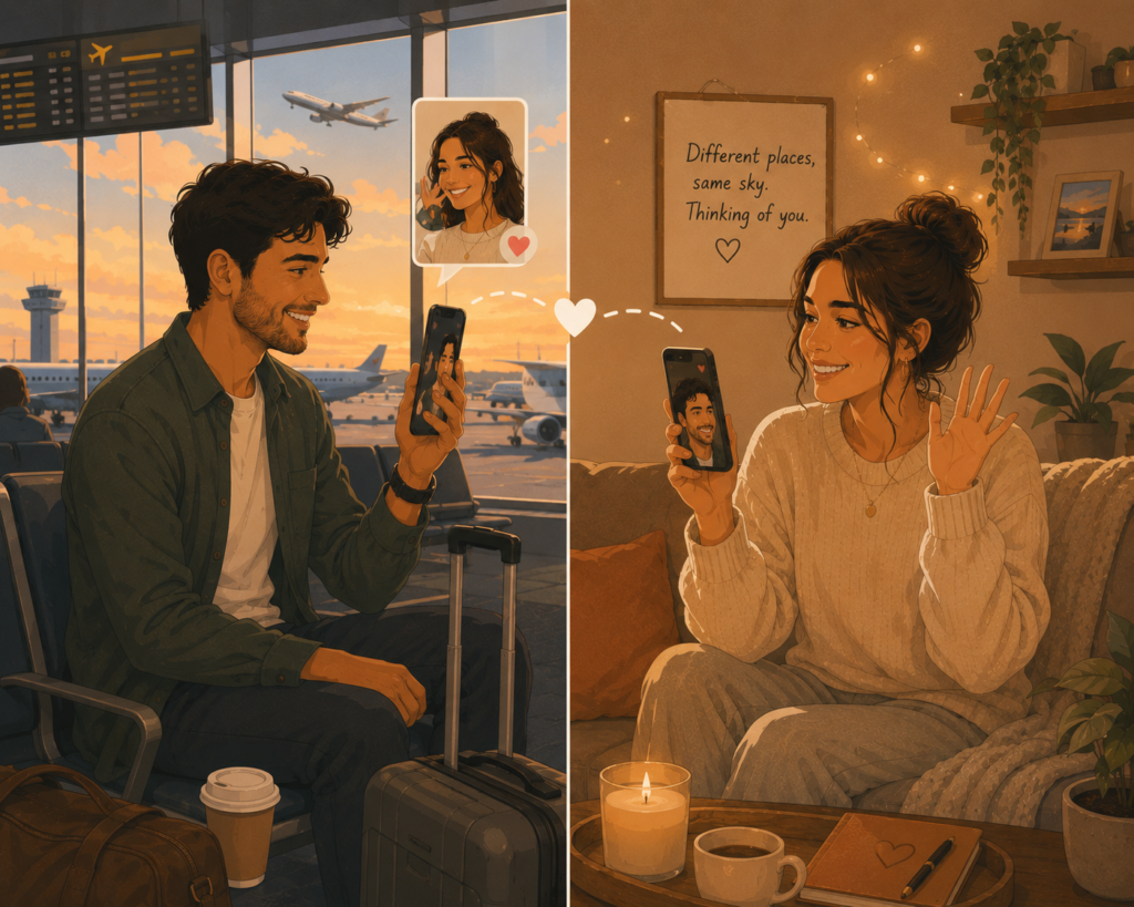 How to maintain a relationship while traveling — illustration of a couple staying connected through video call across different locations