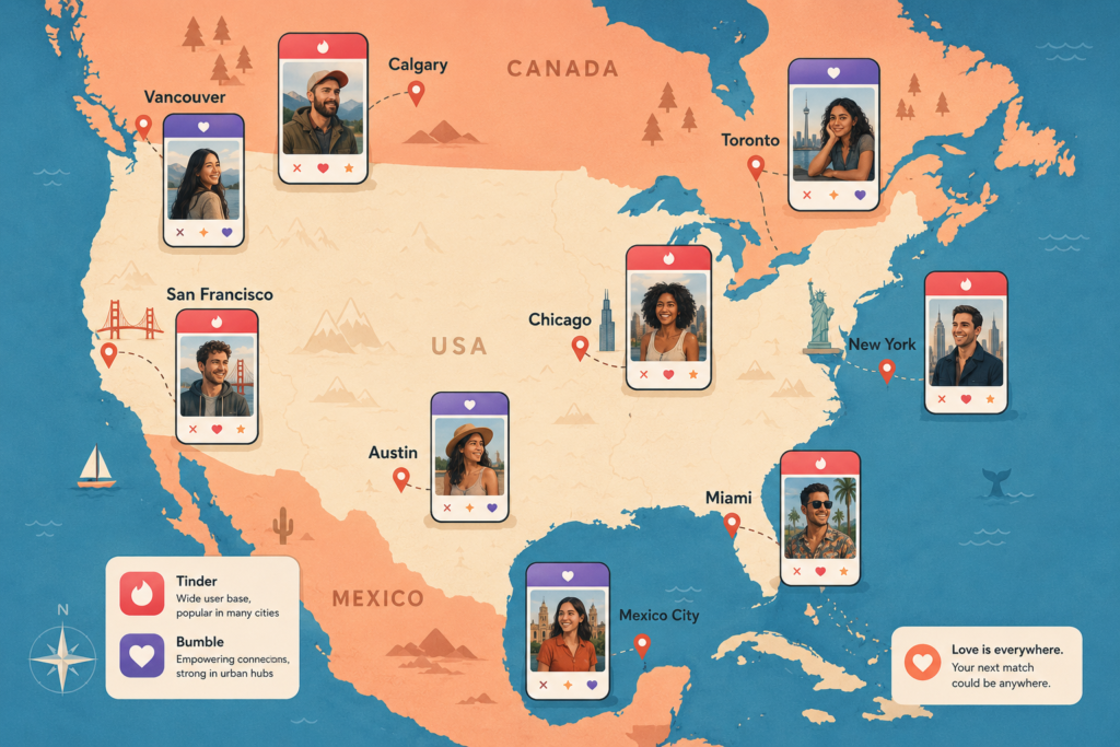 Most popular dating apps in North America — illustrated map showing top dating platforms across USA, Canada and Mexico