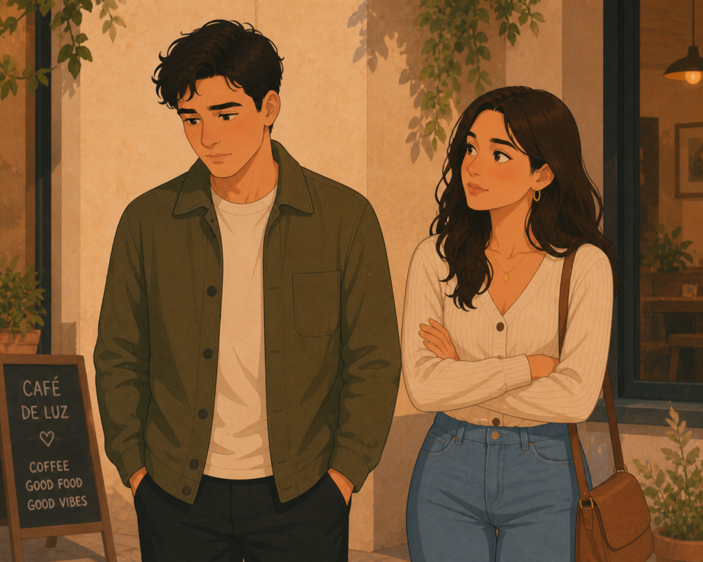 Signs he likes you but is scared — illustration of a man looking nervous around a woman he clearly likes