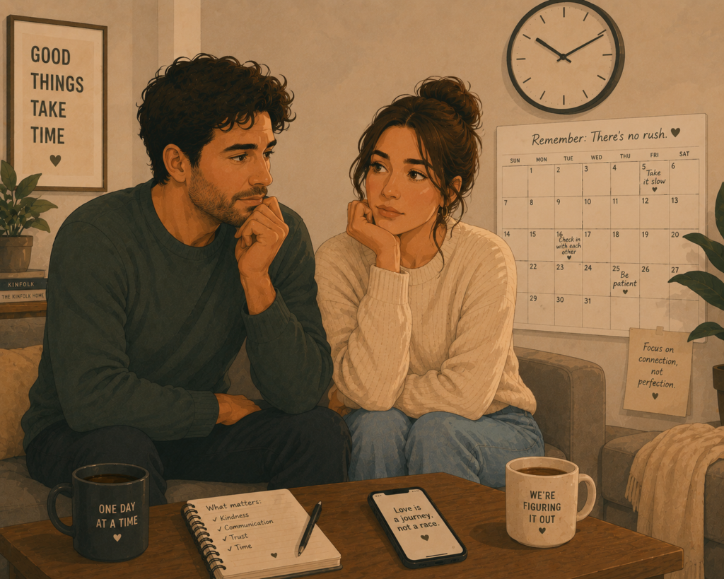Signs your relationship is moving too fast — illustration of a couple looking uncertain about the pace of their connection