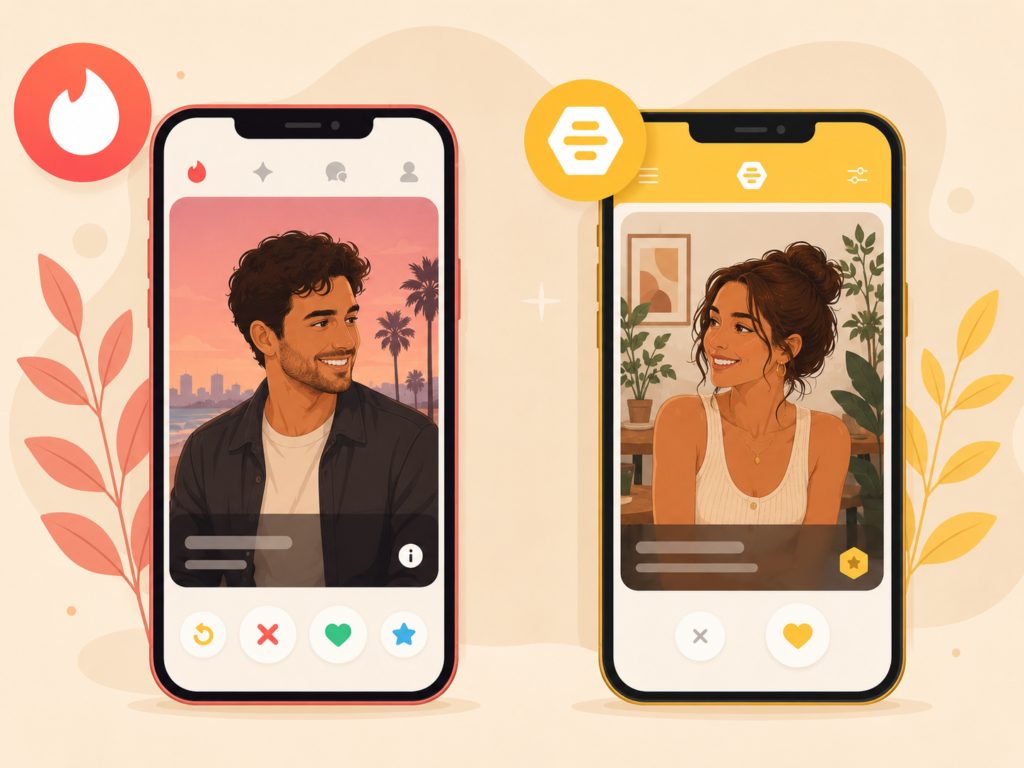 Tinder vs Bumble comparison — illustration of two dating app interfaces side by side showing the key differences