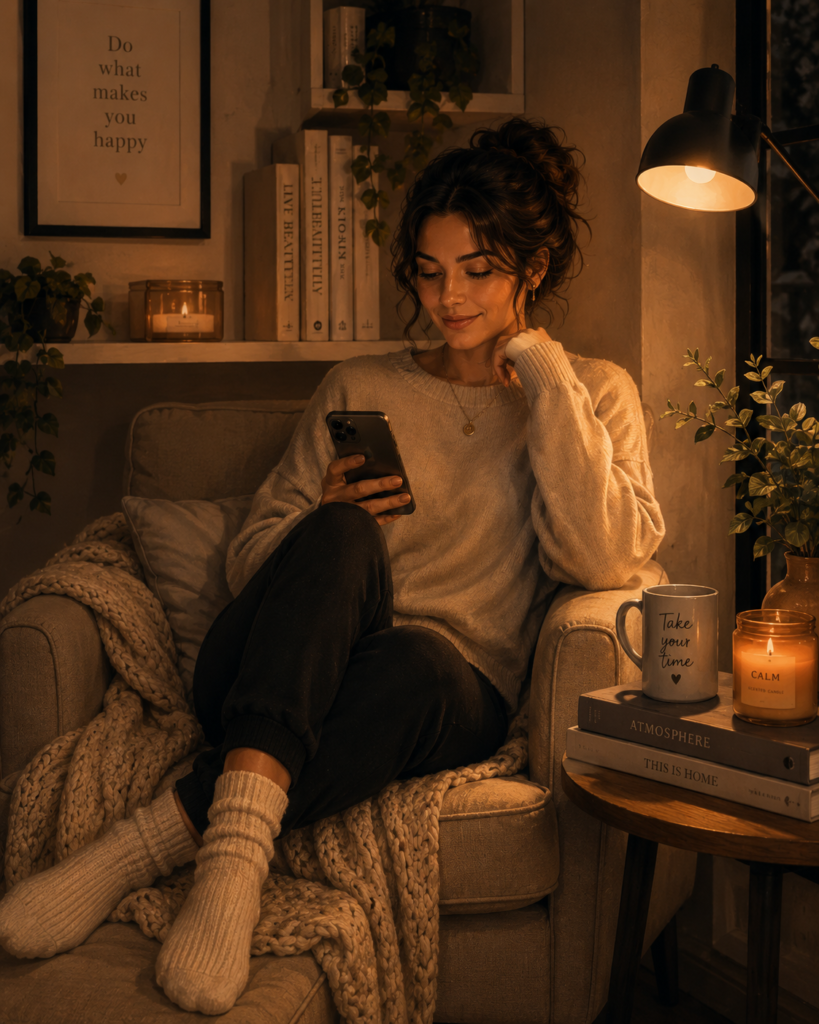 Dating apps for introverts — illustration of a person comfortably engaging with a dating app in a quiet, calm setting