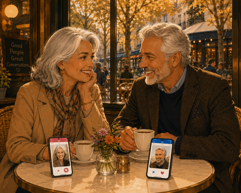 Dating apps for seniors over 60 — illustration of confident older adults using dating platforms to find genuine connection