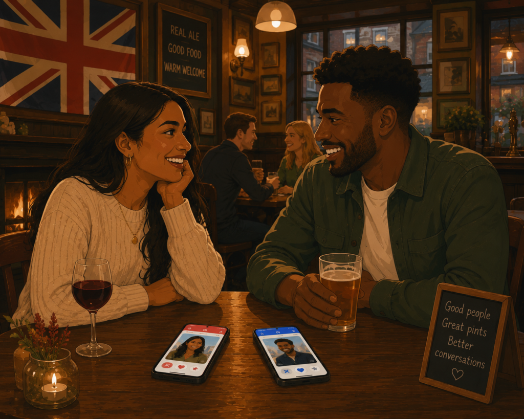 Dating in the UK as a foreigner — illustration of an international couple connecting in a British pub setting
