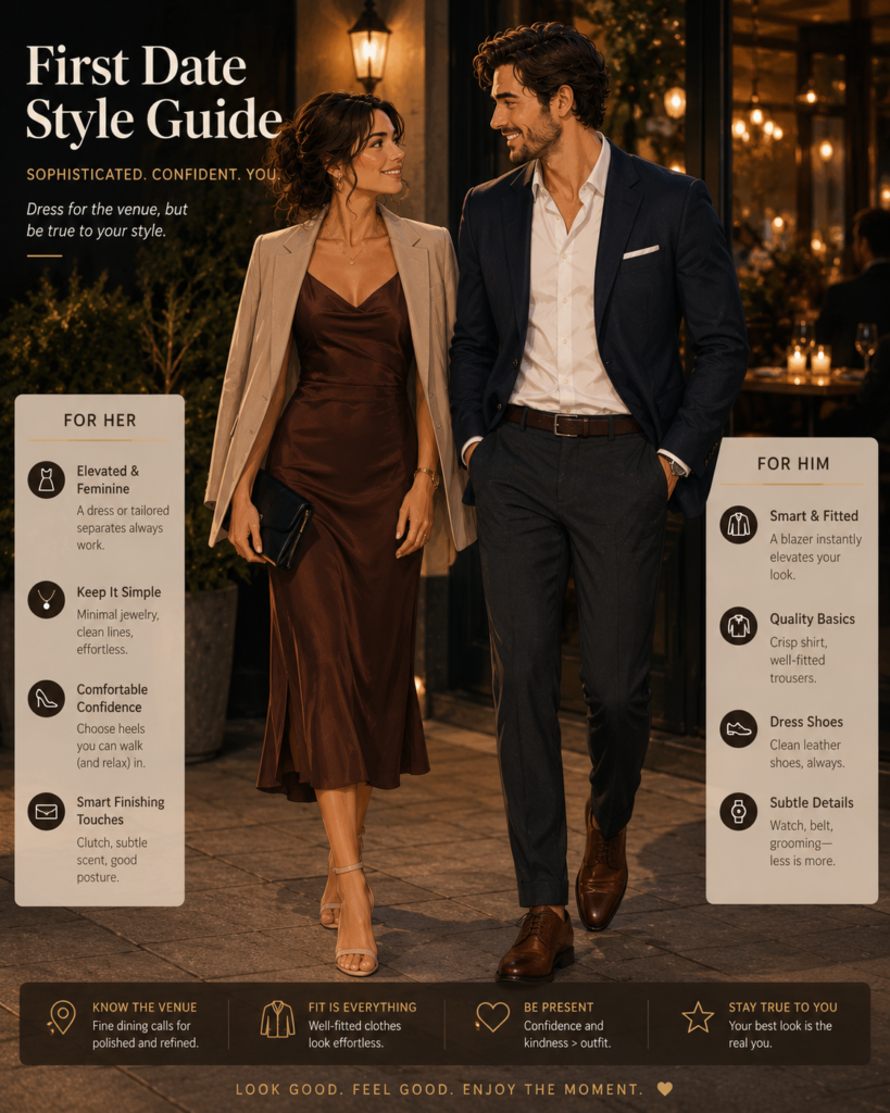 What to wear on a first date — sophisticated outfit for fine dining or upscale restaurant dates