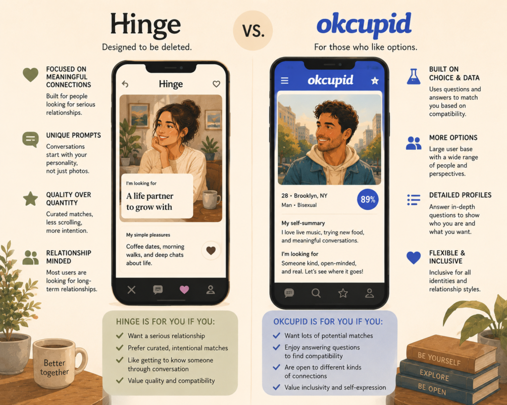 Hinge vs OkCupid comparison — illustration of two dating app interfaces showing the key differences for serious relationships