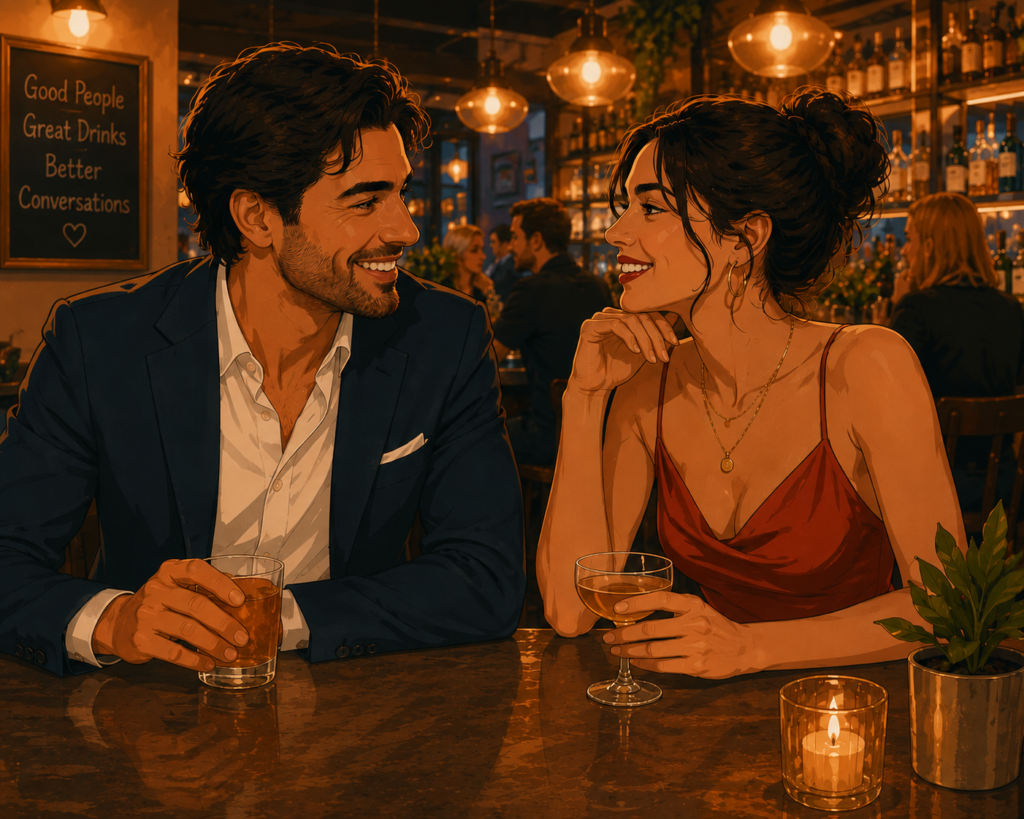 What to wear on a first date — illustration of a man and woman confidently dressed for a casual evening date