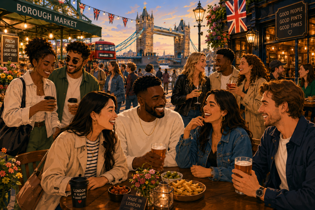 Where to meet people in London — illustration of diverse singles connecting at a vibrant London neighbourhood market and pub