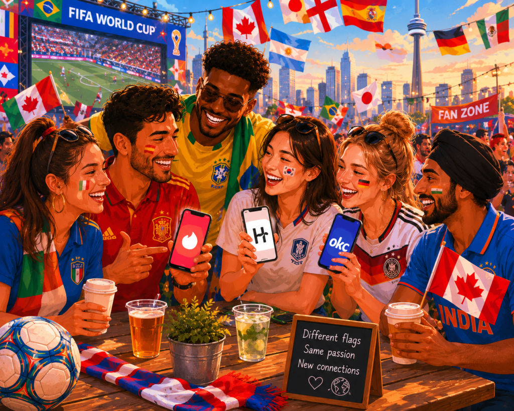 World Cup 2026 dating guide — diverse group of football fans meeting and connecting at a fan zone in a World Cup host city