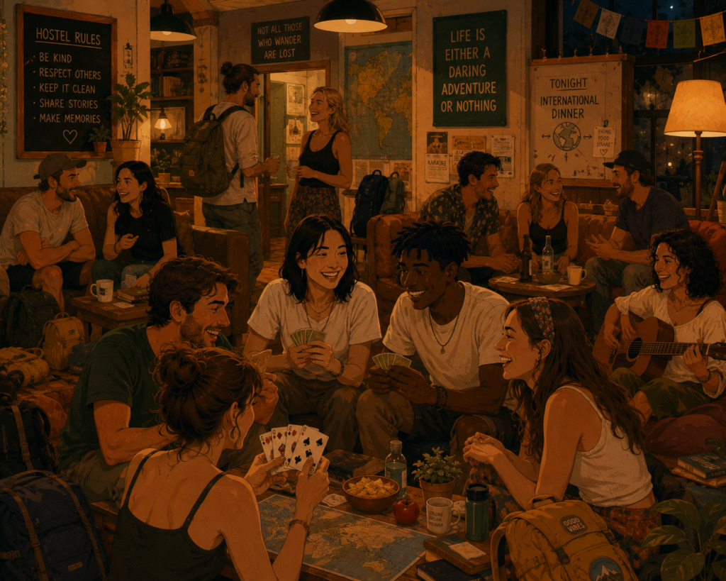 Meeting people while traveling solo — hostel common rooms are the most reliably social travel environment