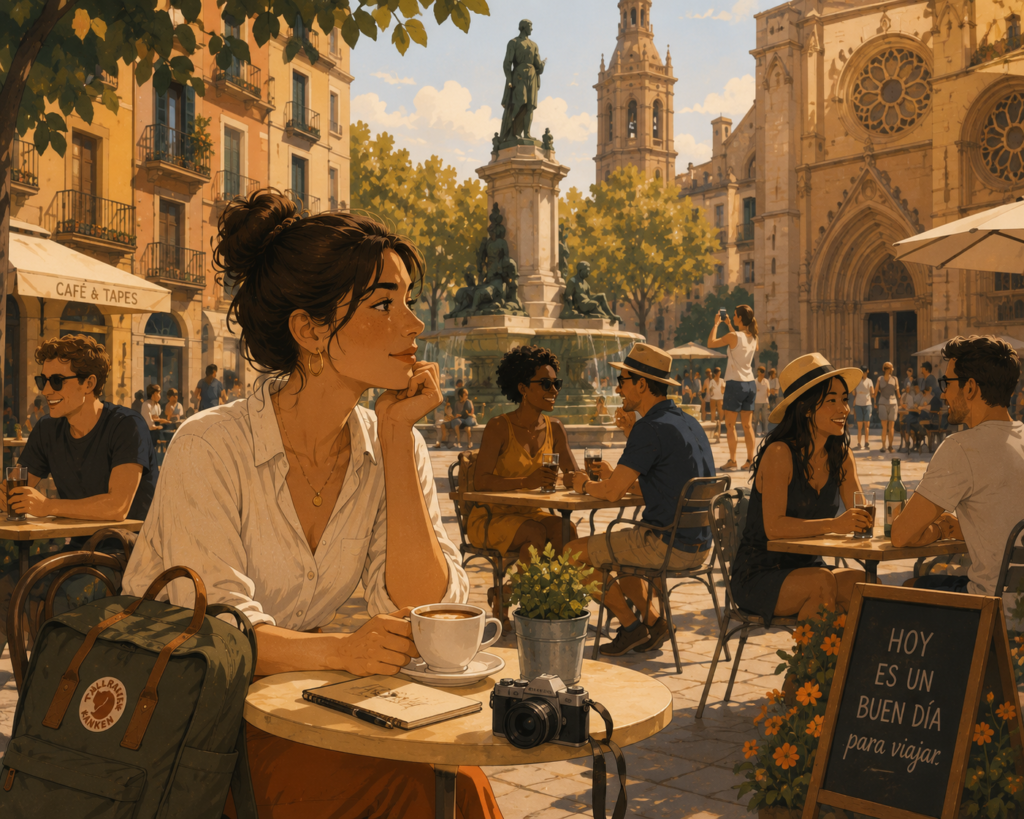 Alt text: How to meet people while traveling solo — solo traveler connecting with others at an outdoor café
