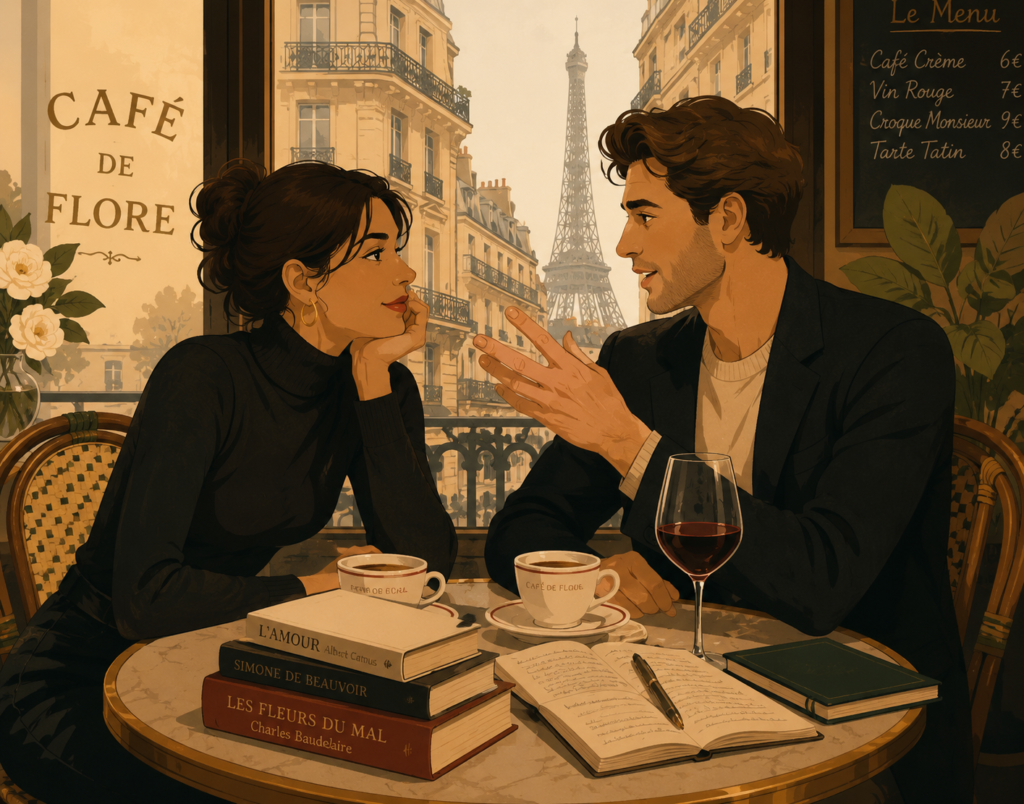 French dating culture — intellectual conversation and subtle seduction over coffee in Paris
