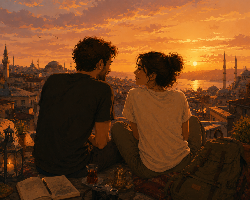 Travel romance — solo travelers forming a genuine connection during a shared sunset moment abroad