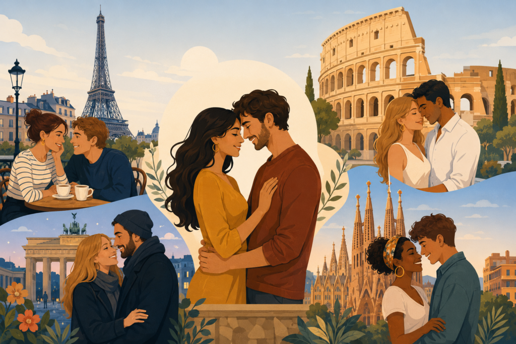 European dating culture — illustration showing romance across France, Italy, Germany and Spain
