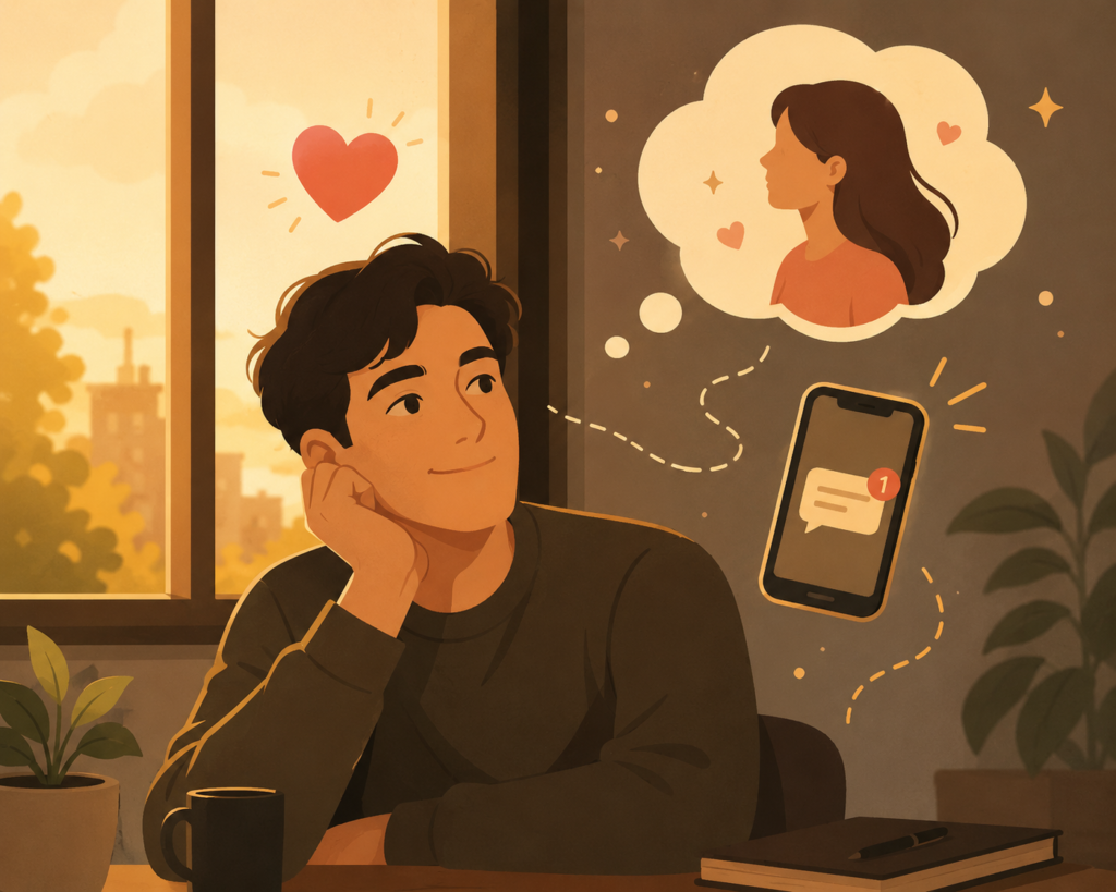60dc0ac9-3657-4684-b0be-af5fddb5c350 Signs you're falling in love — illustration of a person experiencing the warm distracted feeling of developing romantic feelings